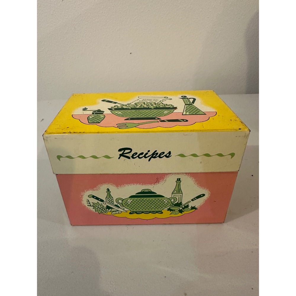Vintage Metal Recipe Box Pink Yellow Mid Century Modern Kitchen Tin Kitsch